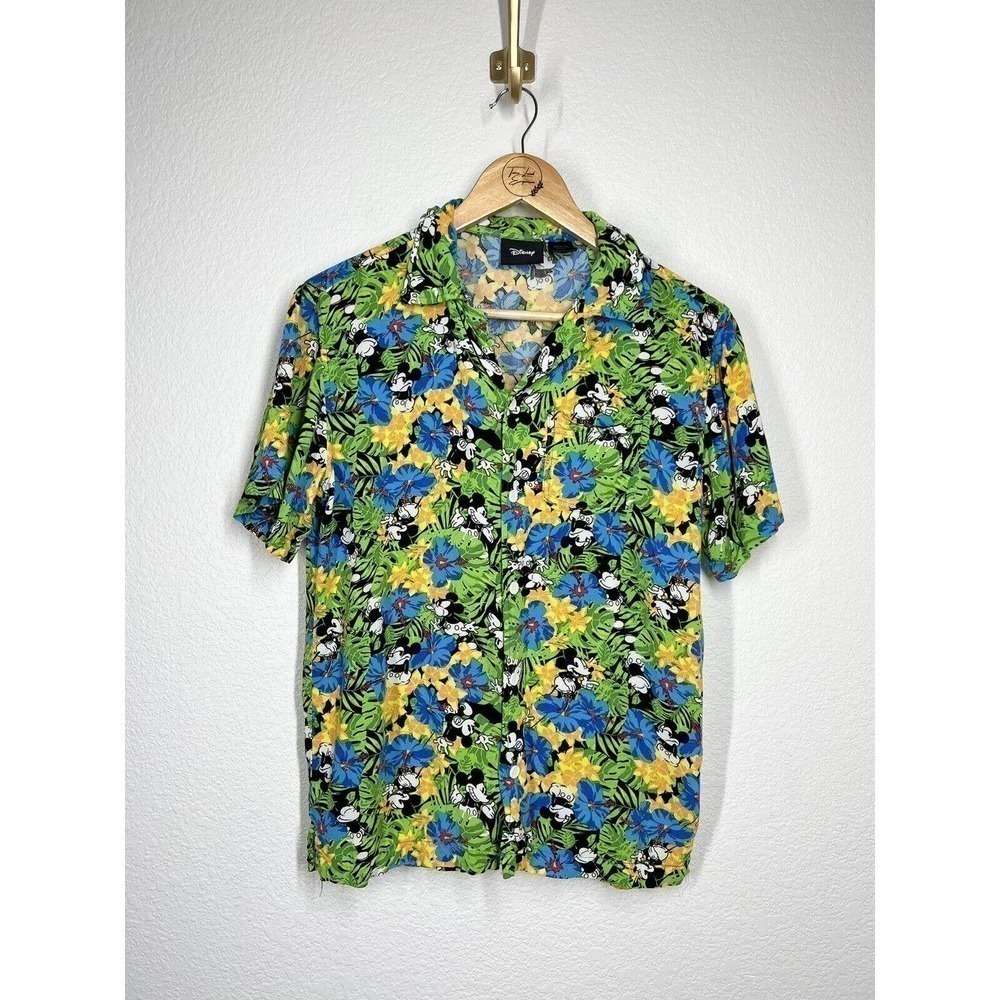 Disney Small S Mickey Mouse Hawaiian Floral Button Front Shirt Short Sleeve